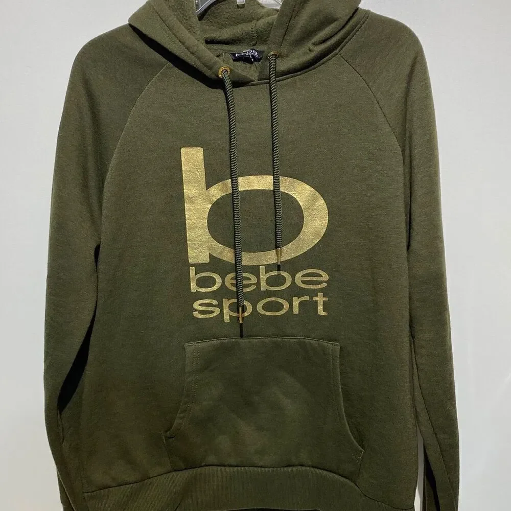 Bebe Sport Women's Green Gold Graphic Logo‎ Pullover Hoodie Size Medium